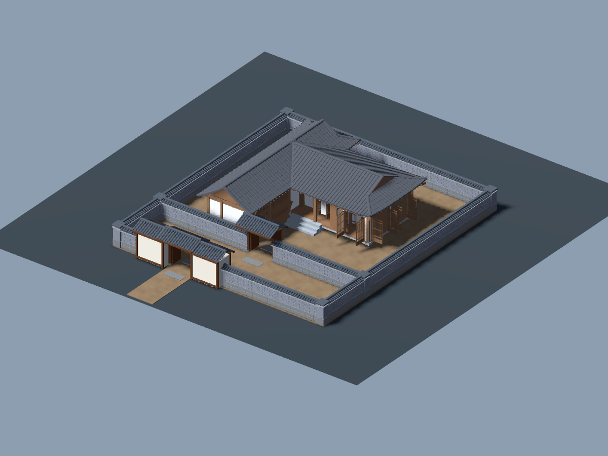 Actual Hanyang hanok compound render showing the house, entrance and courtyard walls